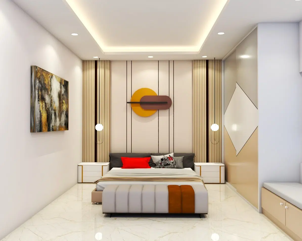 Modern bedroom interior with comfortable bedding and coordinated finishes