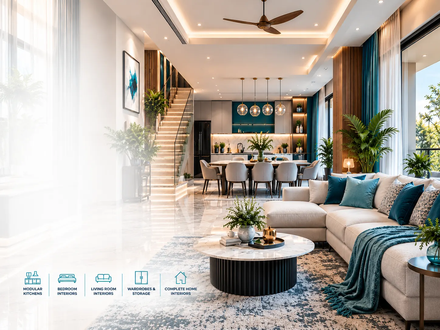 Completed modern interior showcasing coordinated design and finishing